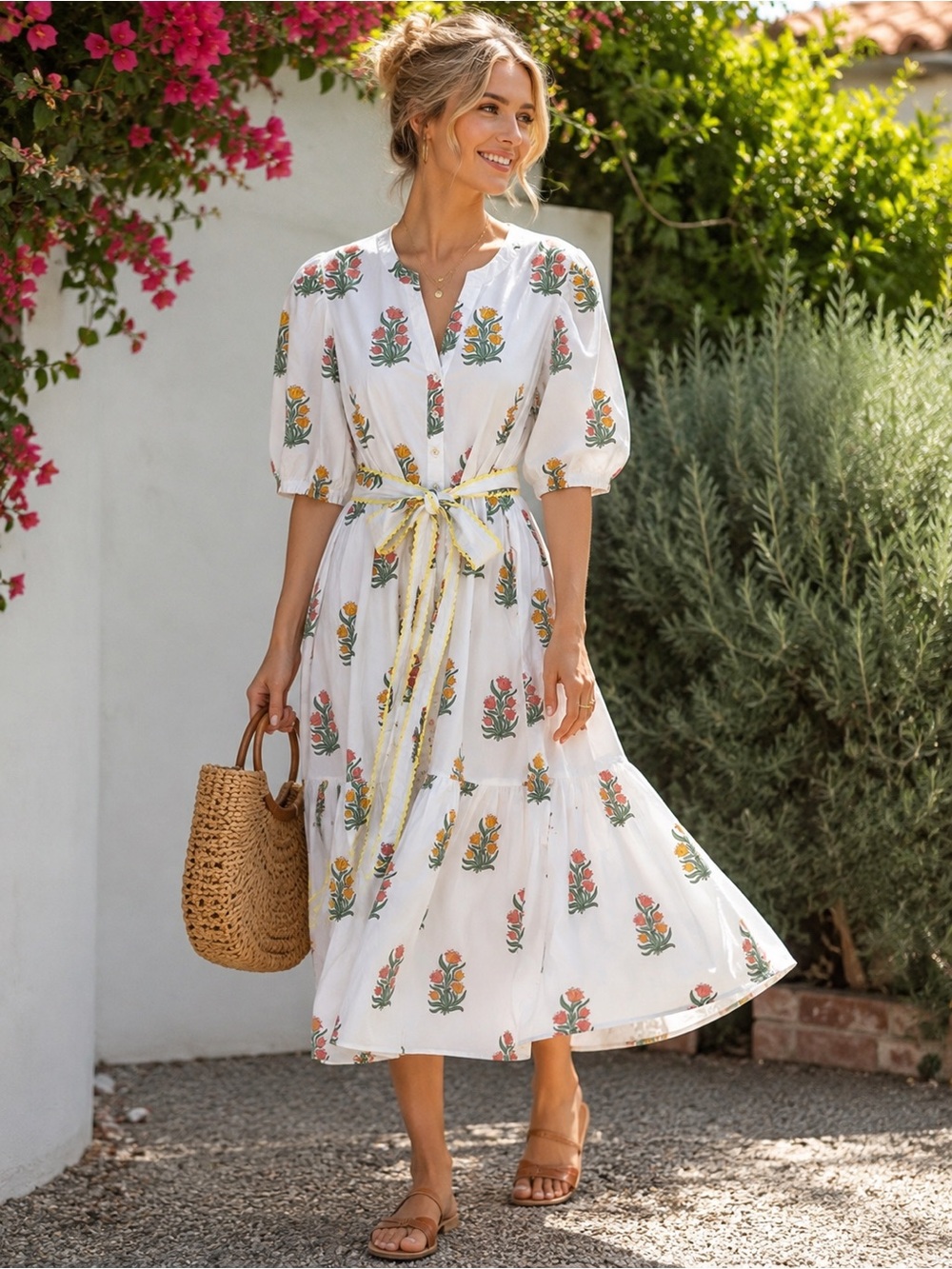 PINK CITY PRINTS Floral Cotton Tie Waist Midi Dress Size Large